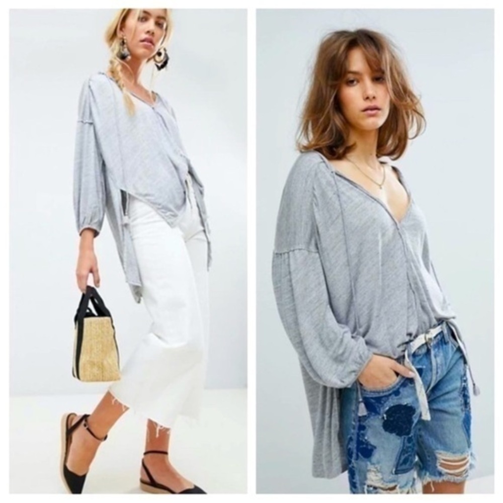 FREE PEOPLE We the Free Just A Henley Top Oversized Side Slits Heathered Gray